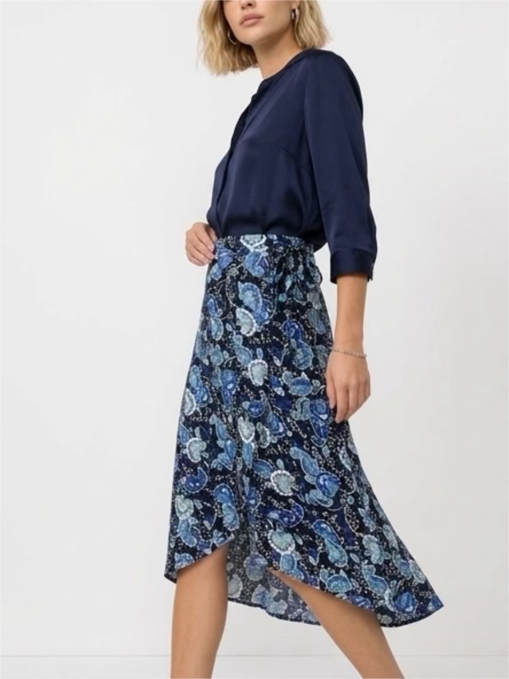 LOFT Navy and Blue Paisley Wrap High-Low Midi Skirt